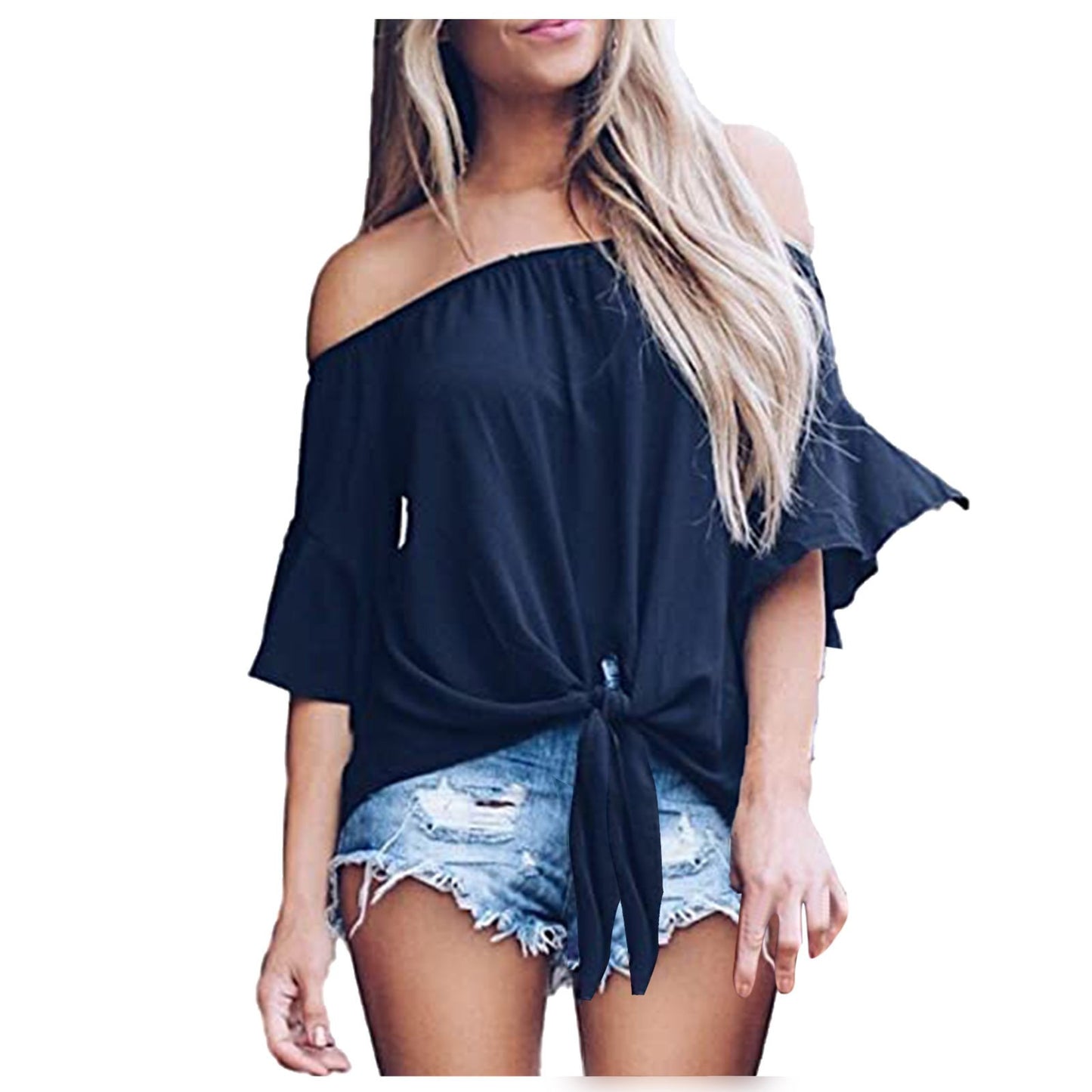 Camisa De Gasa Con Mangas Acampanadas Y Hombros Descubiertos