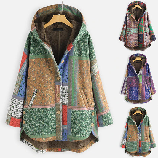 Chaqueta Acolchada De Estilo étnico Con Capucha Suelta Y Talla Grande Más Grueso De Terciopelo Para Mujer