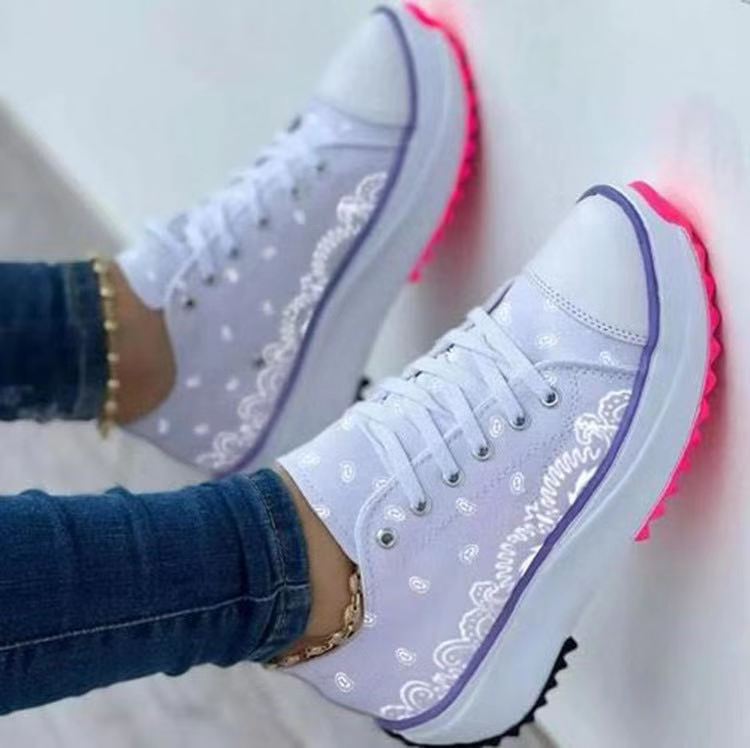 [W-Zapato] 2022 Primavera Nuevos Zapatos De Mujer Casuales De Plataforma De Lona Estampada De Suela Gruesa De Caña Baja