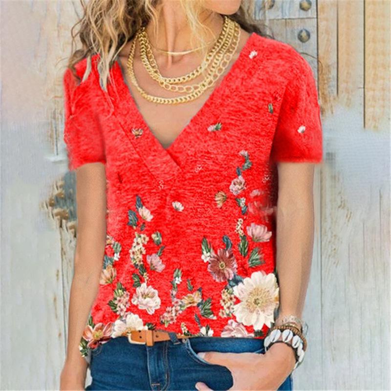 Camiseta de manga corta con cuello en V y estampado de jersey
