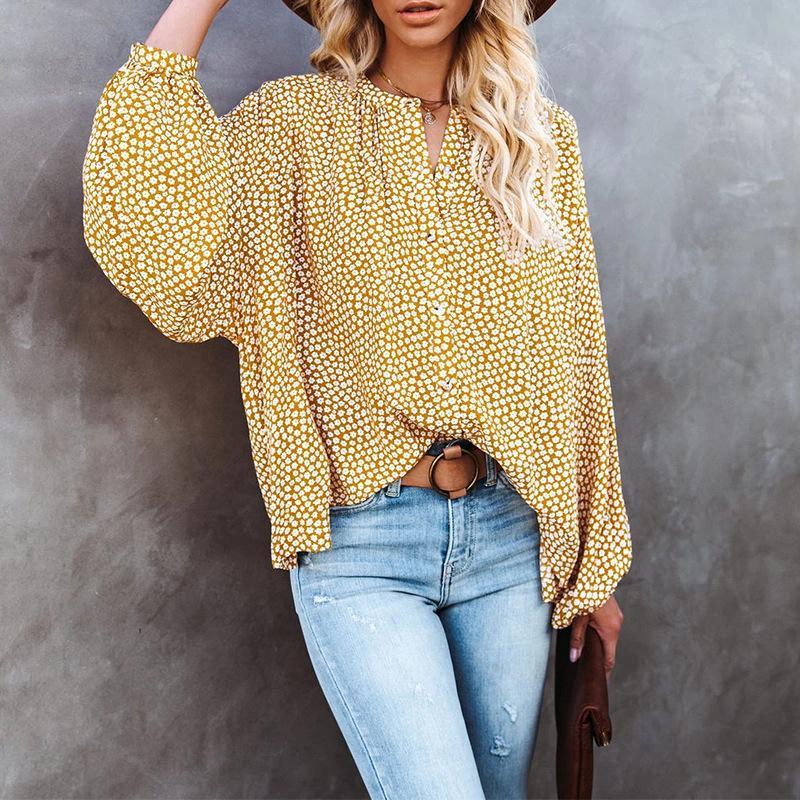 Camisa Casual Suelta De Manga Larga Con Cuello En V Floral