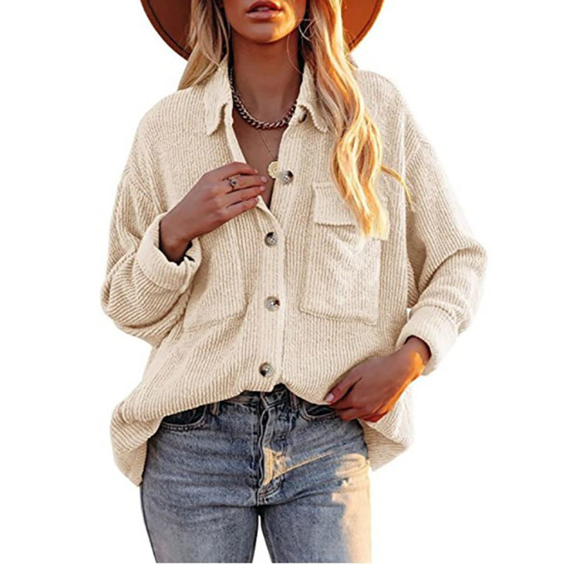 Chaqueta Estilo Camisa De Pana De Manga Larga Con Doble Bolsillo Y Solapa