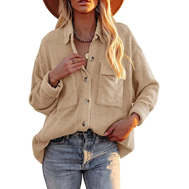Chaqueta Estilo Camisa De Pana De Manga Larga Con Doble Bolsillo Y Solapa