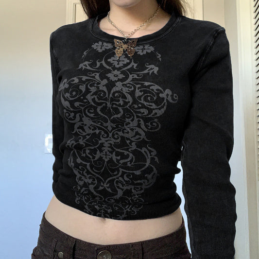 Camiseta Slim De Manga Larga Estampada Con Cuello Redondo