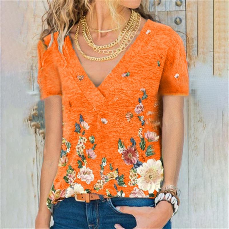 Camiseta de manga corta con cuello en V y estampado de jersey