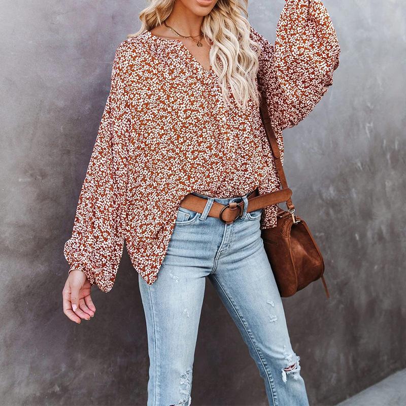 Camisa Casual Suelta De Manga Larga Con Cuello En V Floral