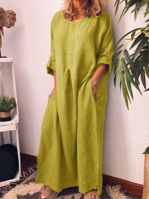 Vestido holgado de algodón y lino liso