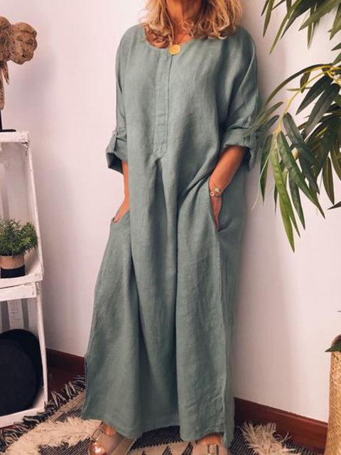 Vestido holgado de algodón y lino liso