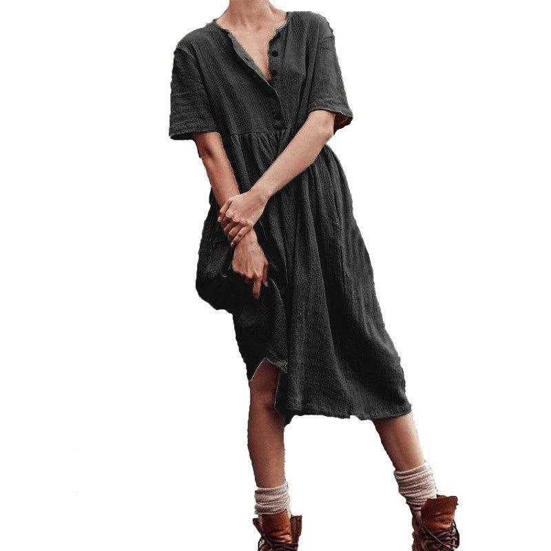 Vestido liso de algodón y lino de manga corta para mujer