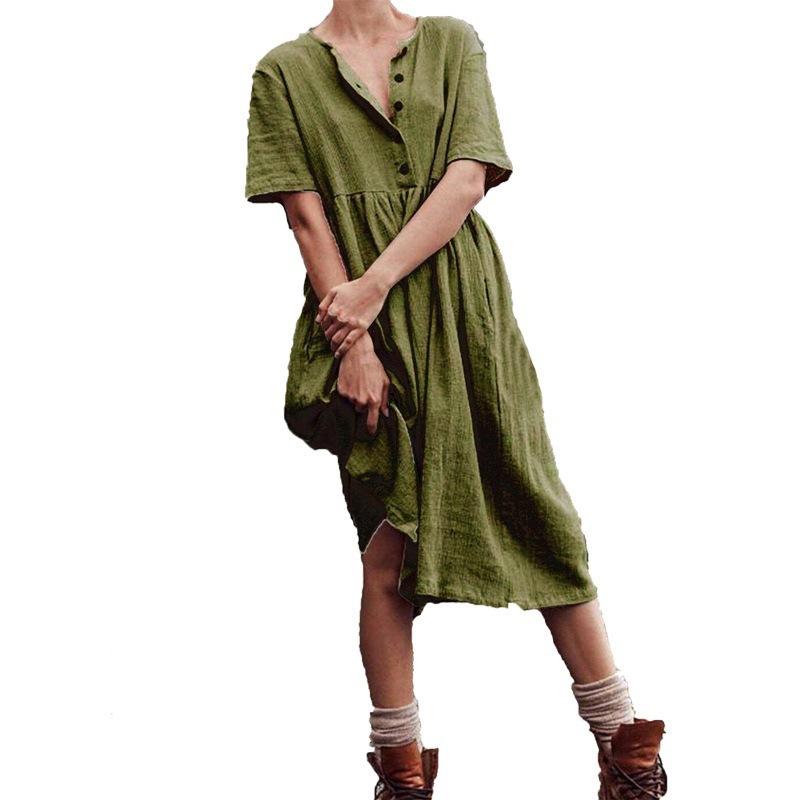 Vestido liso de algodón y lino de manga corta para mujer