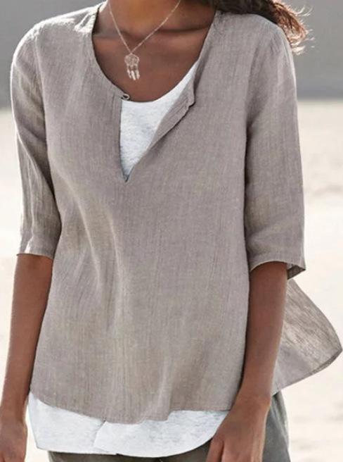 Camisa de mujer con cuello de pico de algodón y lino de color liso