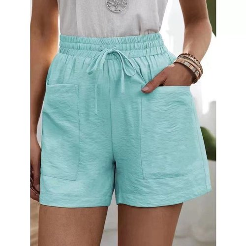 [W-Ropa] Pantalones Cortos Casuales De Algodón Y Lino Sueltos Con Dos Bolsillos De Color Liso Para Mujer