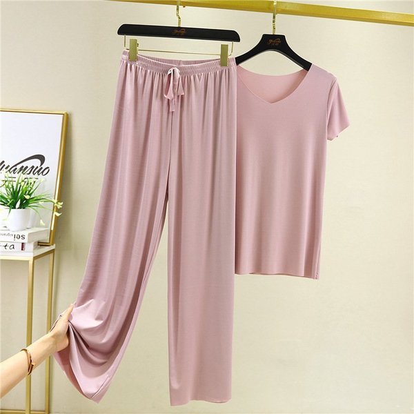[W-Ropa] Suave Y Cómoda Camiseta De Manga Corta De Seda Helada, Conjunto De Dos Piezas, Pantalones Sueltos De Pierna Ancha