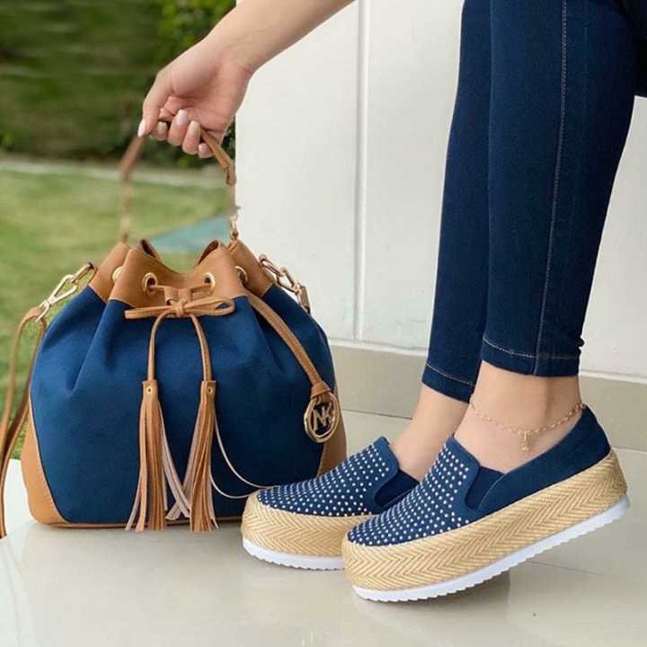 [W-Zapato] Zapatos De Plataforma Sin Cordones Con Diamantes De Imitación Para Mujer