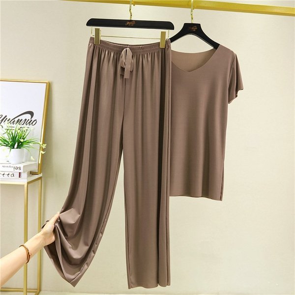 [W-Ropa] Suave Y Cómoda Camiseta De Manga Corta De Seda Helada, Conjunto De Dos Piezas, Pantalones Sueltos De Pierna Ancha