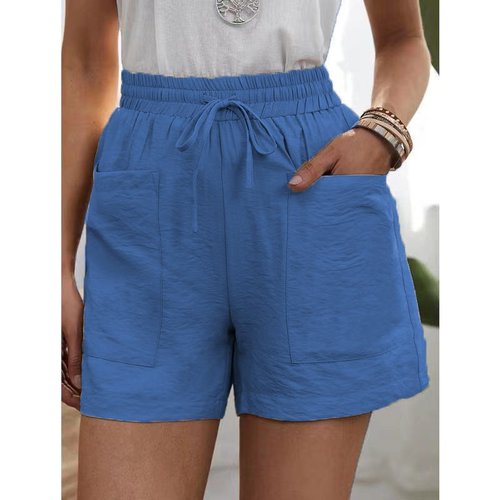 [W-Ropa] Pantalones Cortos Casuales De Algodón Y Lino Sueltos Con Dos Bolsillos De Color Liso Para Mujer