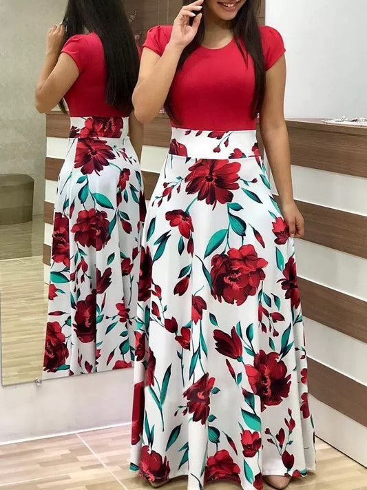 Vestido largo estampado floral de manga corta