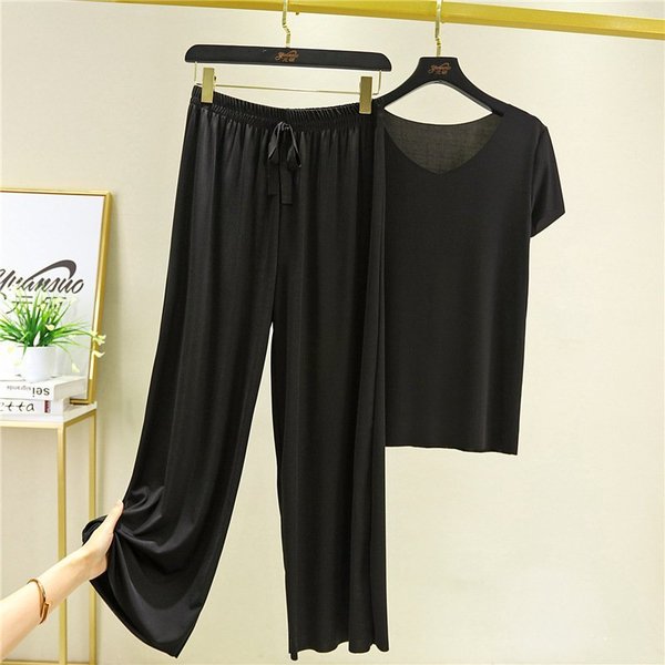 [W-Ropa] Suave Y Cómoda Camiseta De Manga Corta De Seda Helada, Conjunto De Dos Piezas, Pantalones Sueltos De Pierna Ancha