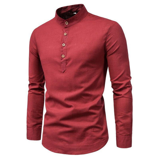 Camisa de manga larga de algodón y lino camisa de cuello alto de color liso - MXbueno