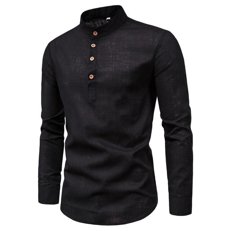 Camisa de manga larga de algodón y lino camisa de cuello alto de color liso - MXbueno