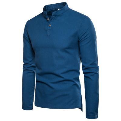 Camisa de manga larga de algodón y lino camisa de cuello alto de color liso - MXbueno