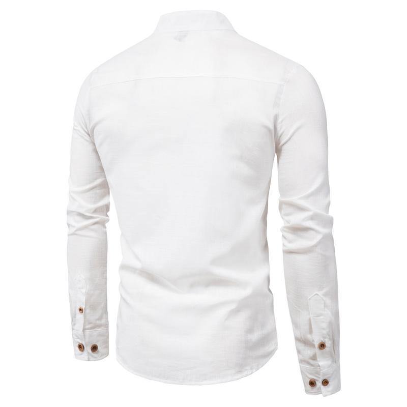 Camisa de manga larga de algodón y lino camisa de cuello alto de color liso - MXbueno