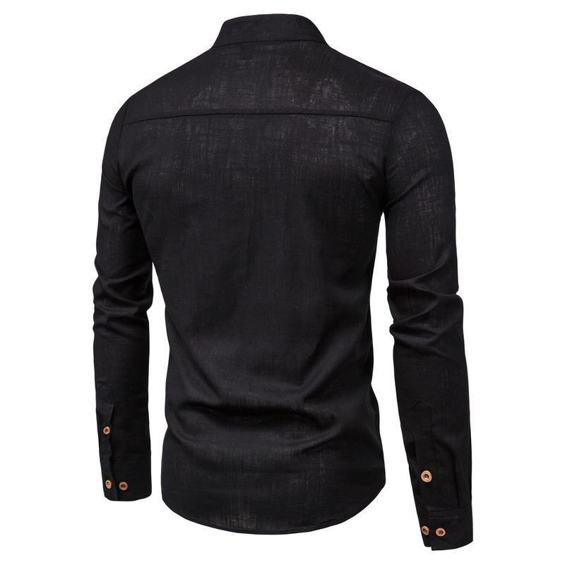 Camisa de manga larga de algodón y lino camisa de cuello alto de color liso - MXbueno