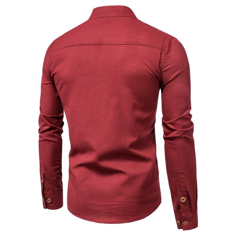 Camisa de manga larga de algodón y lino camisa de cuello alto de color liso - MXbueno