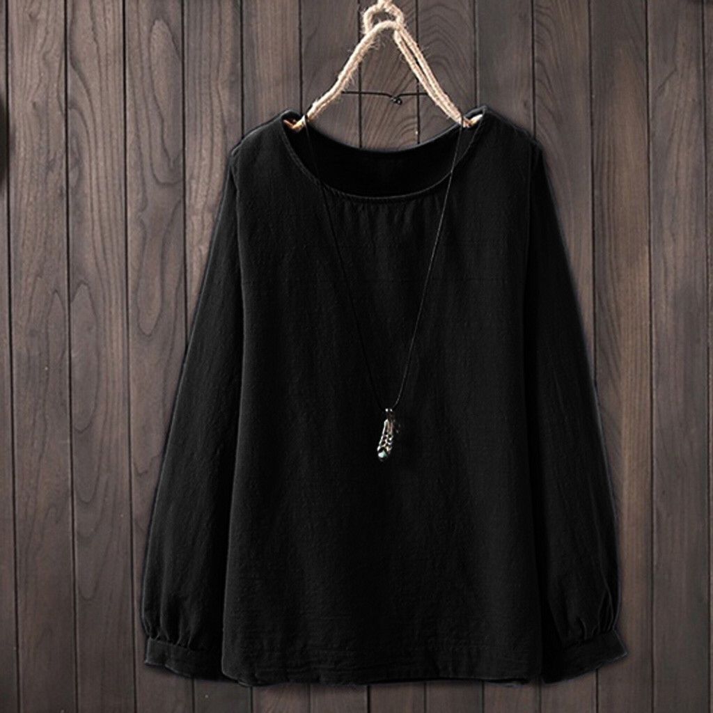 Camisa casual de manga larga cuello redondo top de algodón y lino