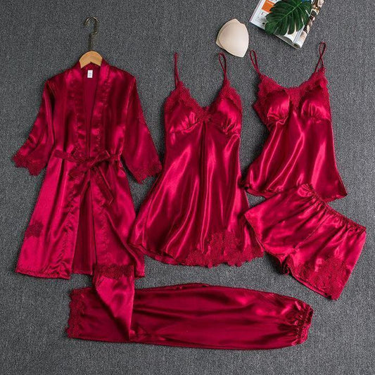 Pijama de 5 piezas de seda ruborizada - MXbueno