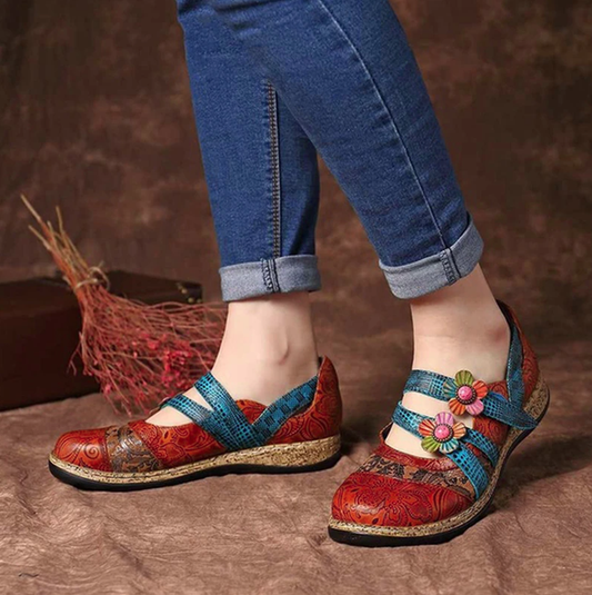Nuevos Zapatos Planos De Lazo De Gancho De Costura De Banda Coloreada De Empalme De Cuero Genuino Floral Vintage